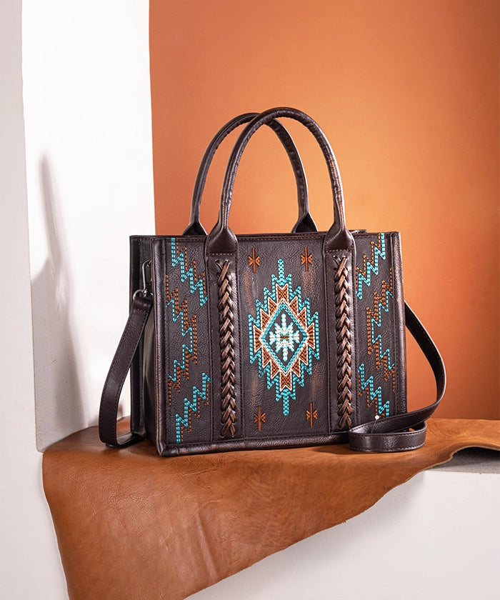 Montana West Aztec Embroidered Tote Bag Coffee