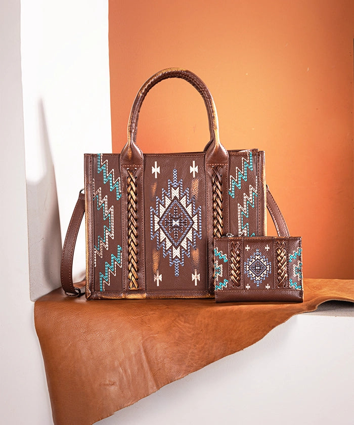 Montana West Aztec Embroidered Tote Bag Set Brown