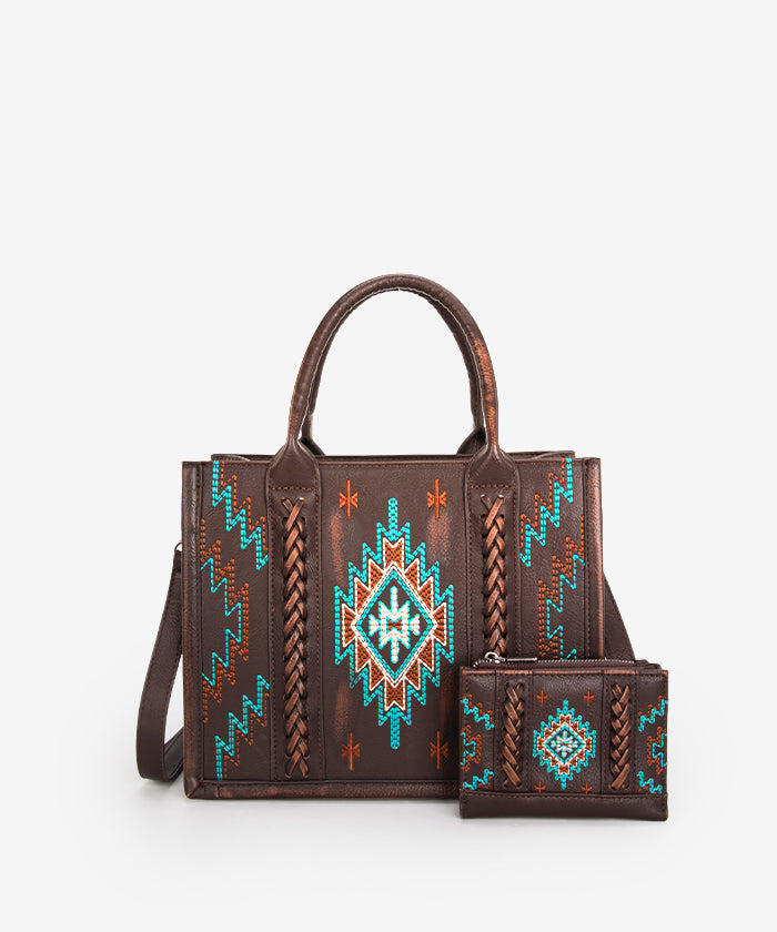 Montana West Aztec Embroidered Tote Bag Set Coffee