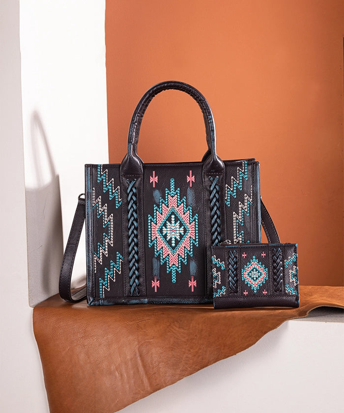 Montana West Aztec Embroidered Tote Bag Set Turquoise