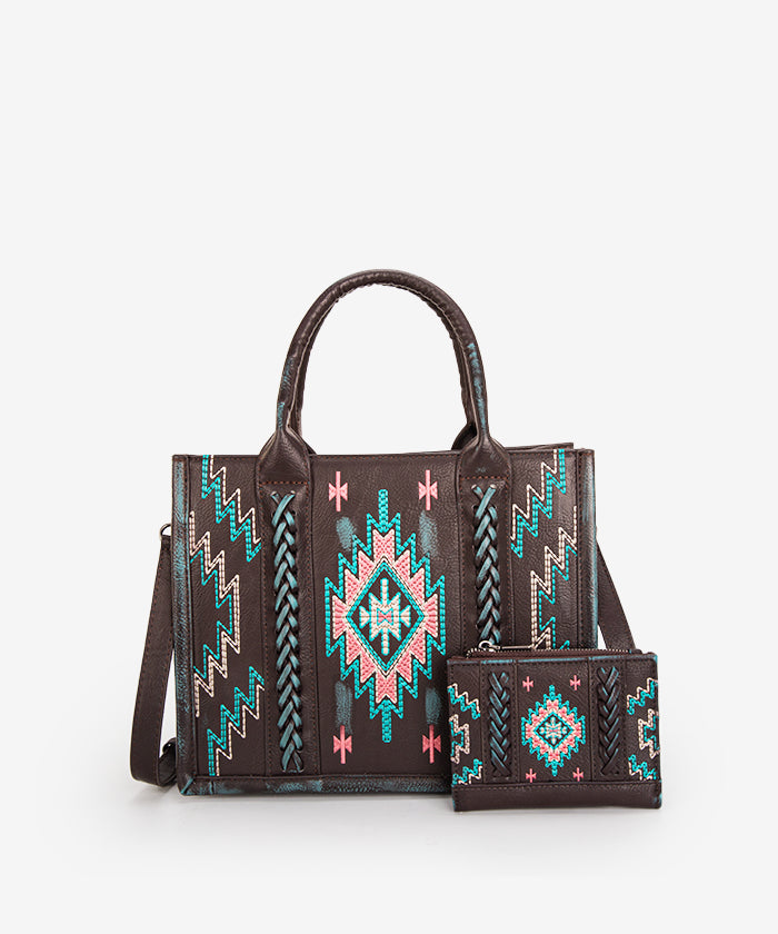 Montana West Aztec Embroidered Tote Bag Set Turquoise