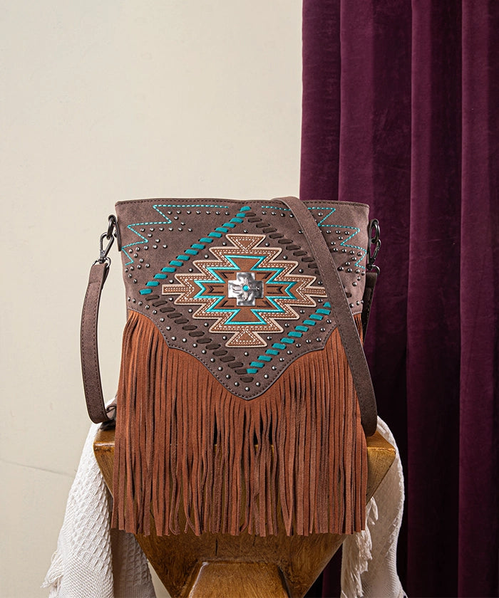 Montana West Aztec Fringe Concealed Carry Crossbody Purse Coffee