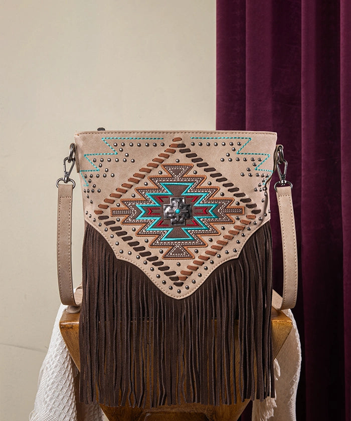 Montana West Aztec Fringe Concealed Carry Crossbody Purse Tan