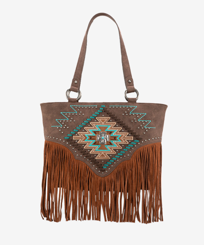 Montana West Aztec Fringe Concealed Carry Tote Bag Coffee