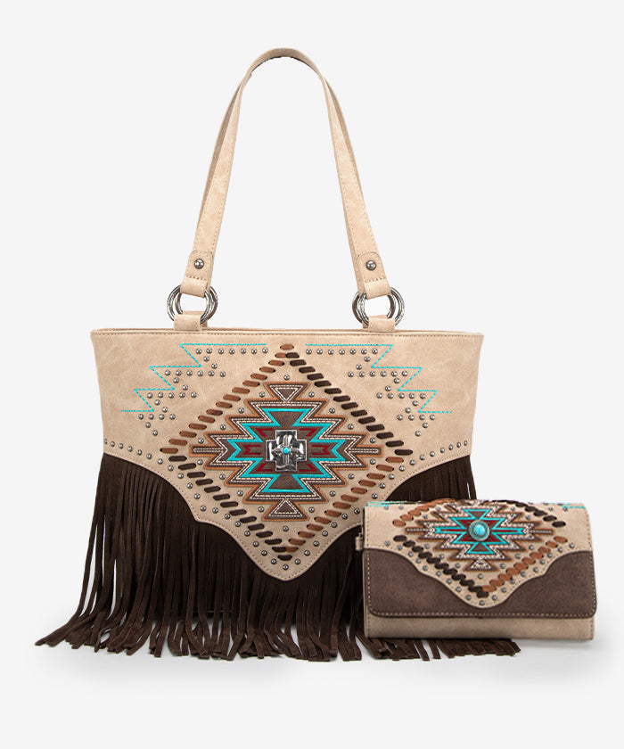 Montana West Aztec Fringe Concealed Carry Tote Bag Set Tan