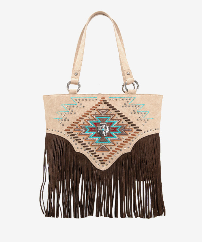 Montana West Aztec Fringe Concealed Carry Tote Bag Tan