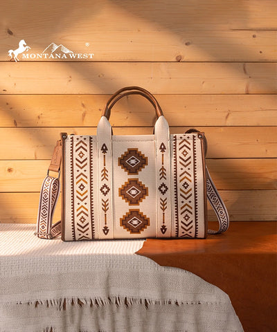 Montana West Aztec Retro Arrows Dual Sided Print Wide Tote Beige