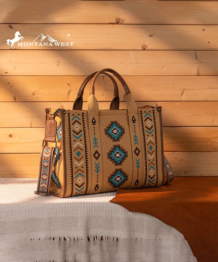 Montana West Aztec Retro Arrows Dual Sided Print Wide Tote Brown