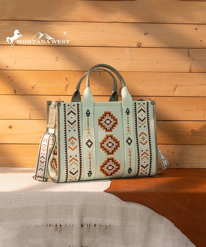Montana West Aztec Retro Arrows Dual Sided Print Wide Tote Green