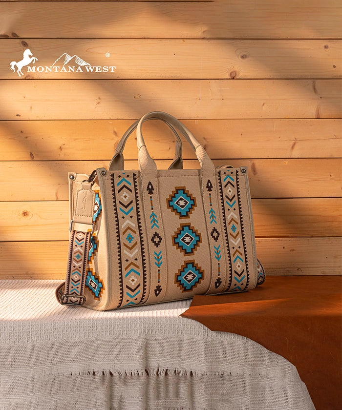 Montana West Aztec Retro Arrows Dual Sided Print Wide Tote Tan