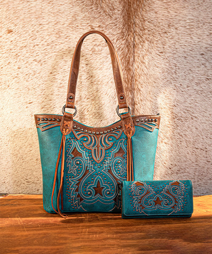 Montana West Boot Scroll Concealed Carry Tote Set Turquoise