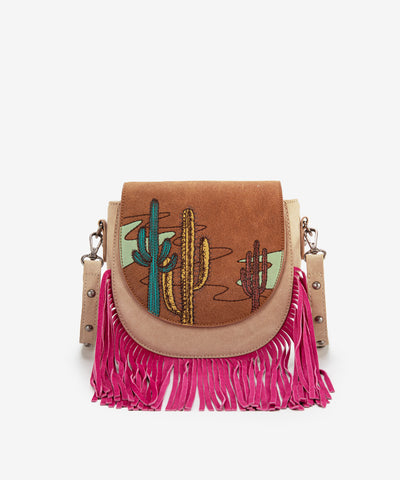 Montana West Cactus Embroidered Fringe Crossbody Bag Brown