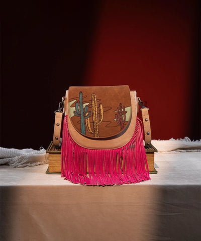 Montana West Cactus Embroidered Fringe Crossbody Bag Brown