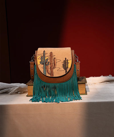 Montana West Cactus Embroidered Fringe Crossbody Bag Camel