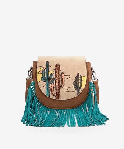 Montana West Cactus Embroidered Fringe Crossbody Bag Camel