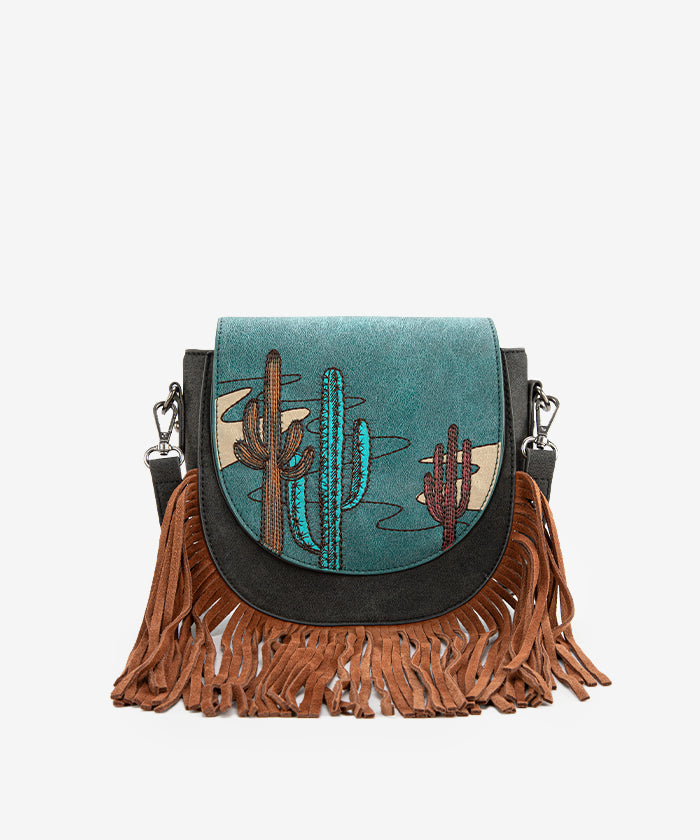 Montana West Cactus Embroidered Fringe Crossbody Bag Turquoise