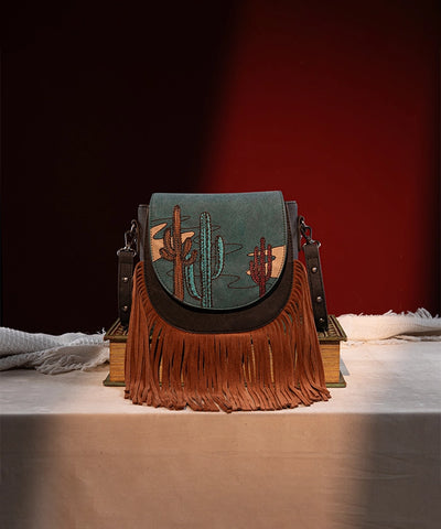 Montana West Cactus Embroidered Fringe Crossbody Bag Turquoise