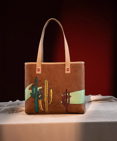 Montana West Cactus Embroidered Tote Bag Brown