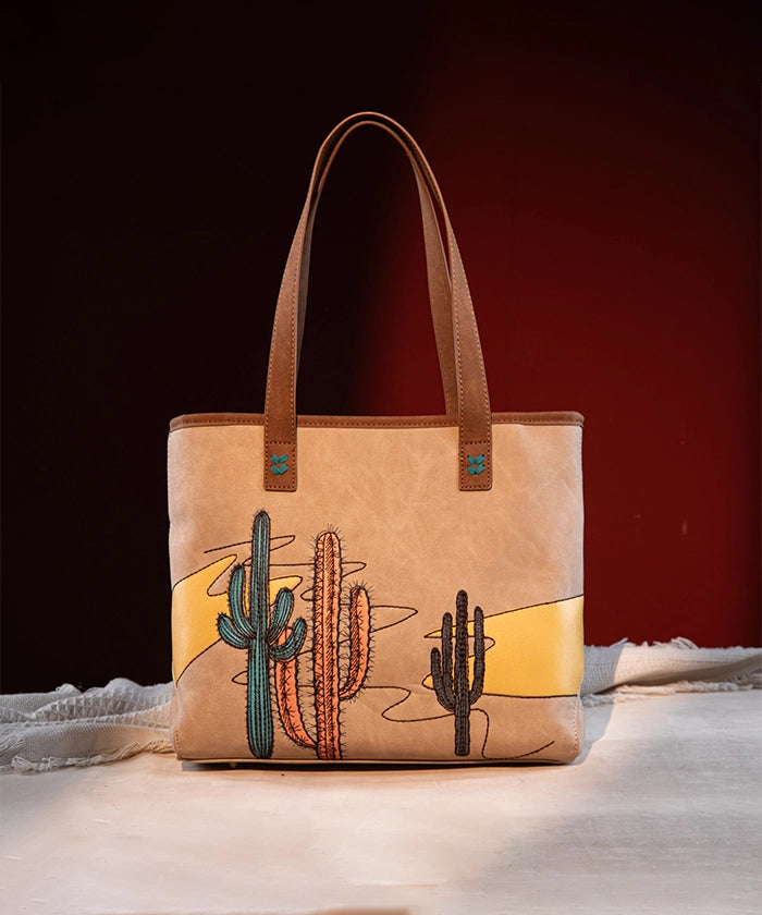 Montana West Cactus Embroidered Tote Bag Camel