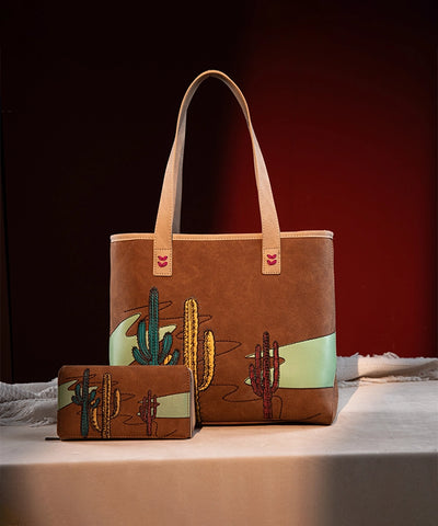 Montana West Cactus Embroidered Tote Bag Set Brown