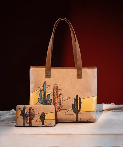 Montana West Cactus Embroidered Tote Bag Set Camel