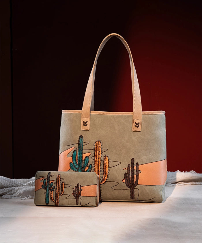 Montana West Cactus Embroidered Tote Bag Set Green