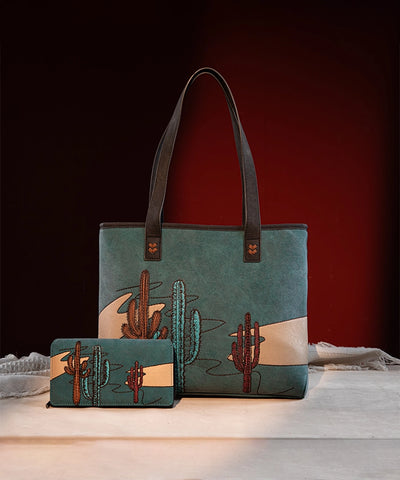 Montana West Cactus Embroidered Tote Bag Set Turquoise