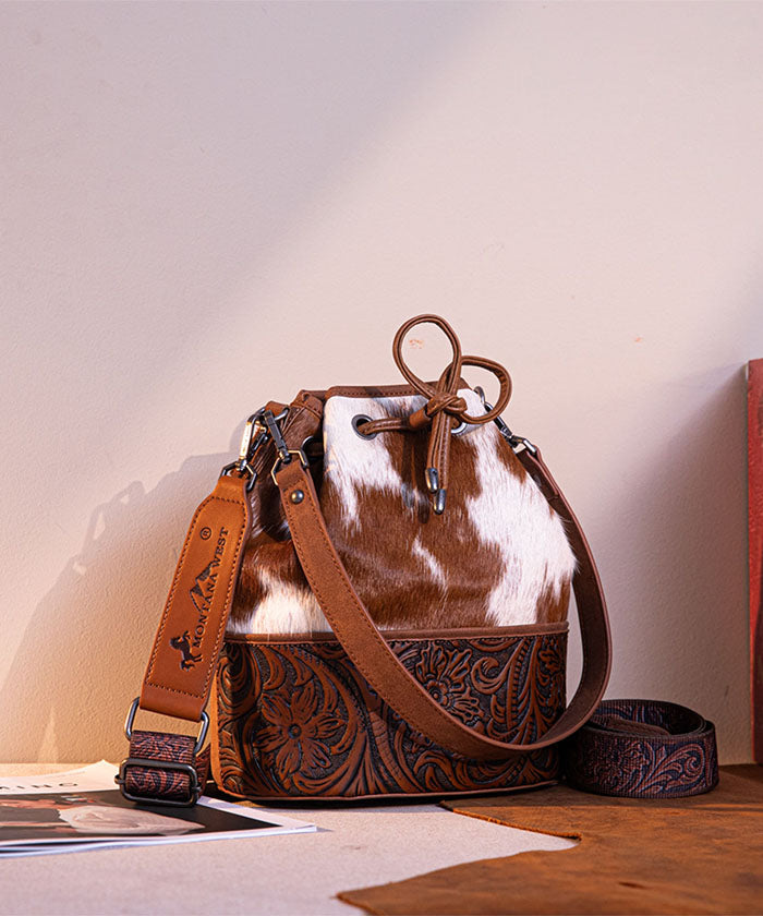 Montana West Cowhide Tooled Bucket Bag Brown