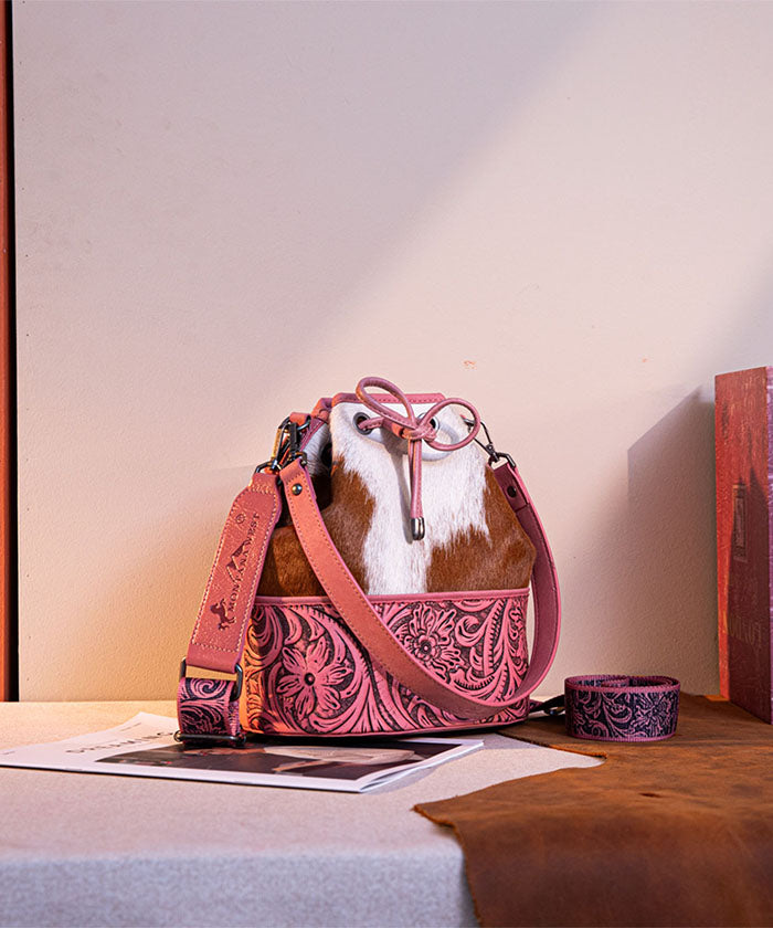 Montana West Cowhide Tooled Bucket Bag Pink