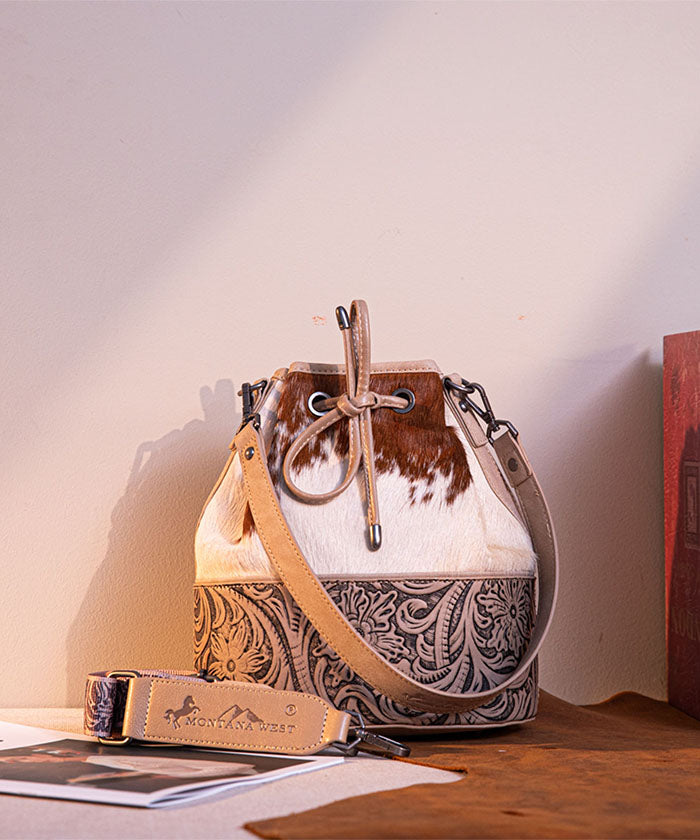 Montana West Cowhide Tooled Bucket Bag Tan