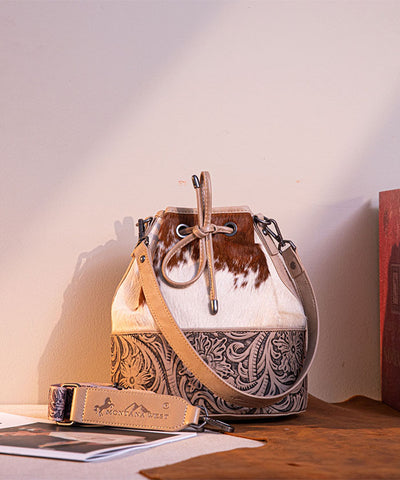 Montana West Cowhide Tooled Bucket Bag Tan