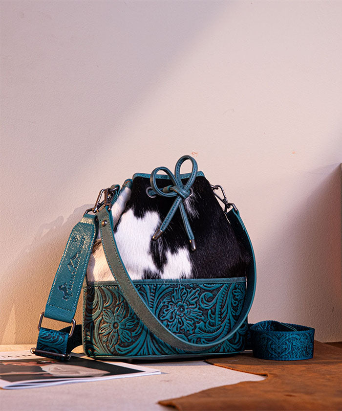 Montana West Cowhide Tooled Bucket Bag Turquoise