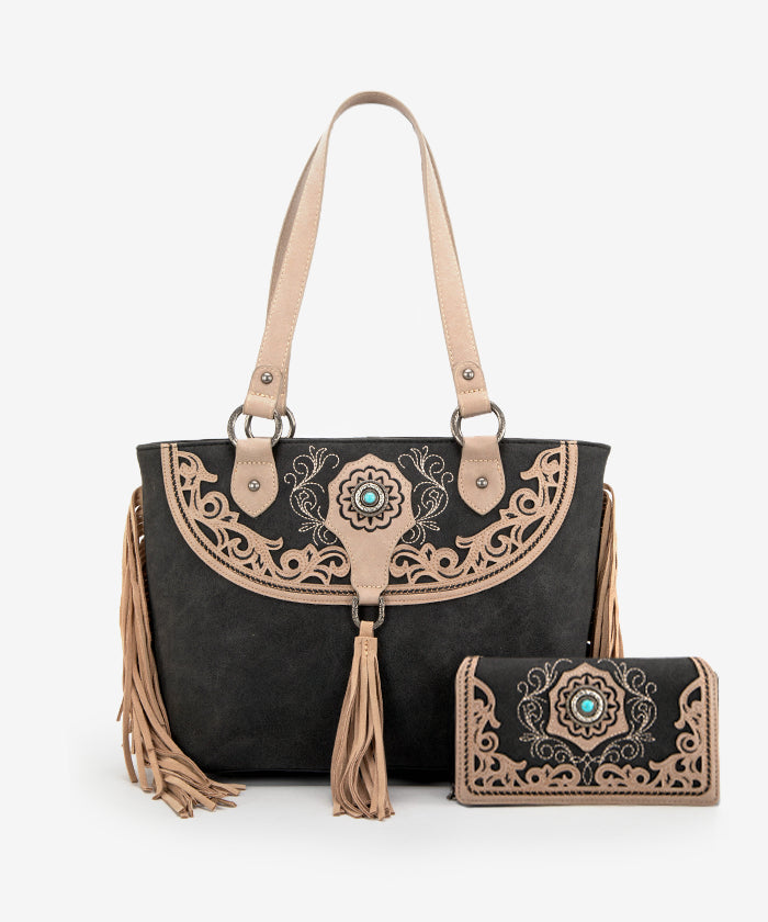 Montana_West_Cut-out_Fringe_Concealed Carry Tote_Bag_Set_Black