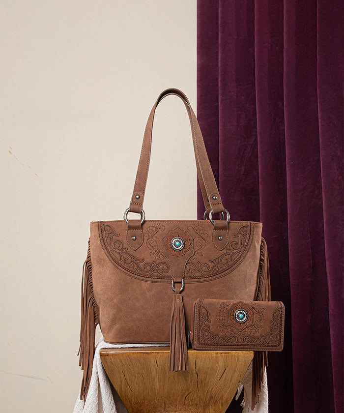 Montana West Cut-out Fringe Concealed Carry Tote Set Brown