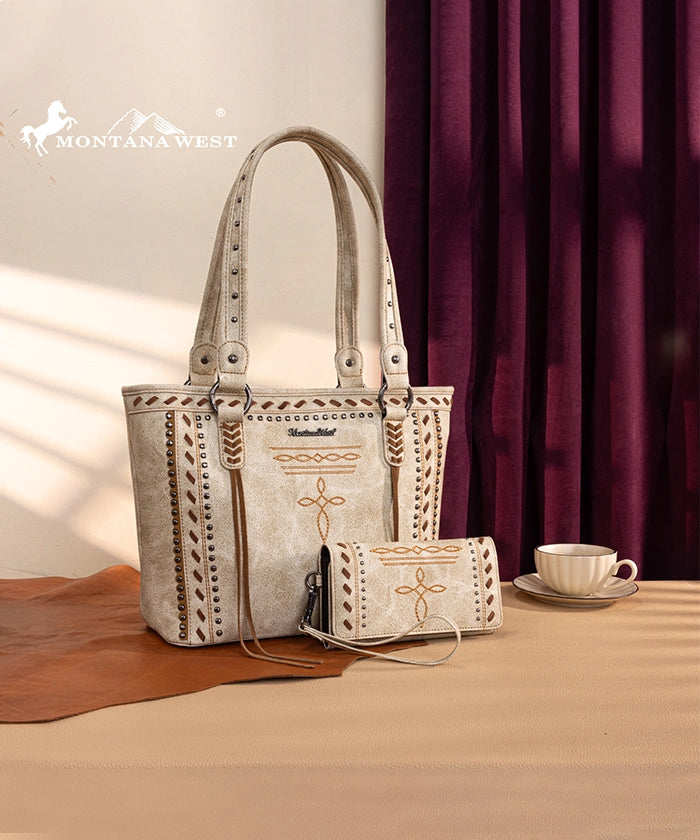 Montana West Diamond Cross Stitch Concealed Carry Tote Bag Beige N