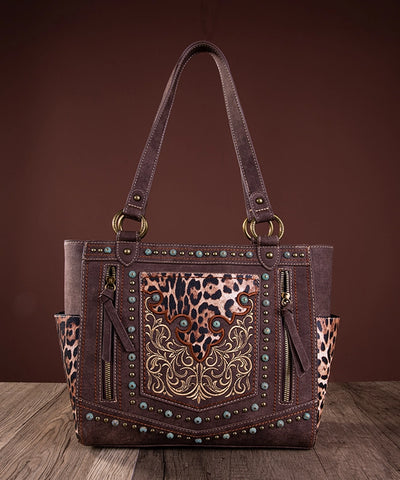 Montana West Embroidered Floral Leopard Concealed Carry Tote Coffee