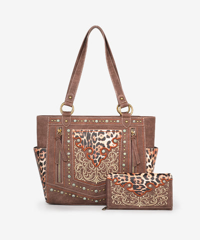 Montana West Embroidered Floral Leopard Concealed Carry Tote Coffee