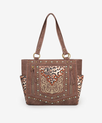 Montana West Embroidered Floral Leopard Concealed Carry Tote Coffee