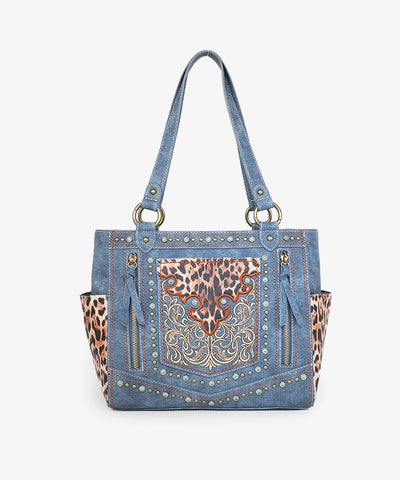 Montana West Embroidered Floral Leopard Concealed Carry Tote Jean