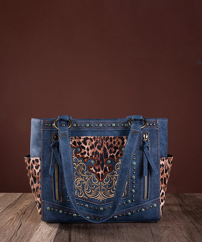 Montana West Embroidered Floral Leopard Concealed Carry Tote Jean