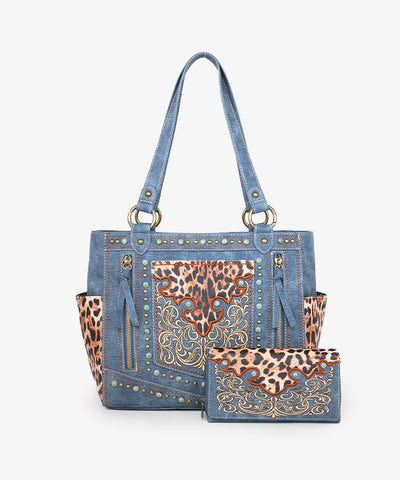 Montana West Embroidered Floral Leopard Concealed Carry Tote Jean