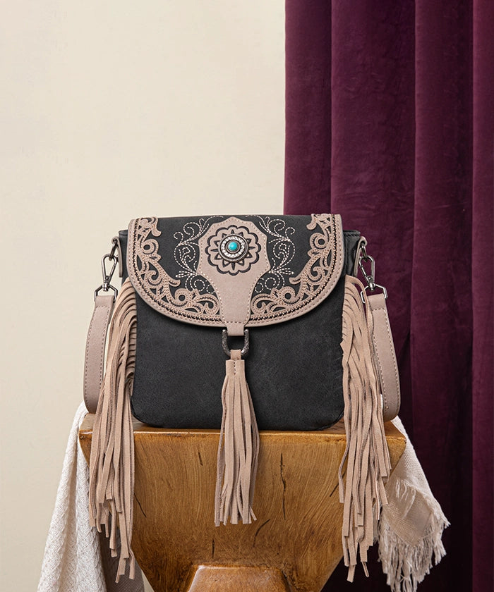 Montana West Flap Fringe Crossbody Purse Black