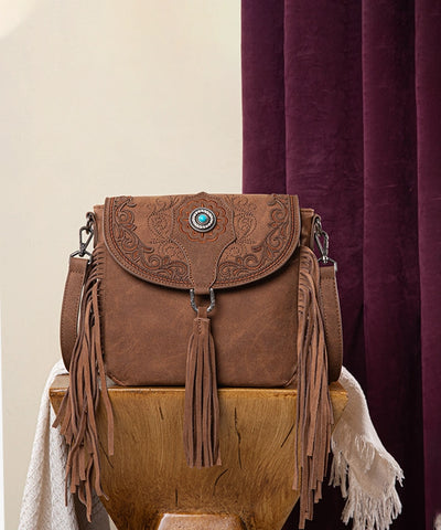 Montana West Flap Fringe Crossbody Purse Brown