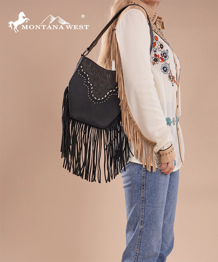 Montana West Floral Tooled Fringe Shoulder Bag Black