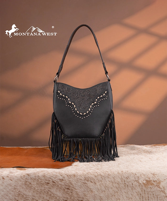 Montana West Floral Tooled Fringe Shoulder Bag Black