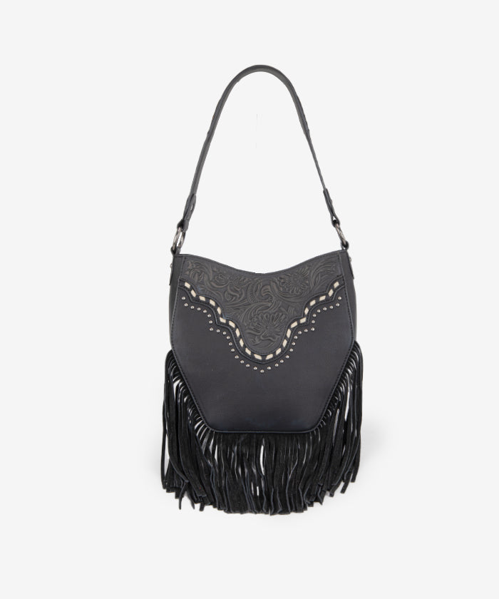 Montana West Floral Tooled Fringe Shoulder Bag Black