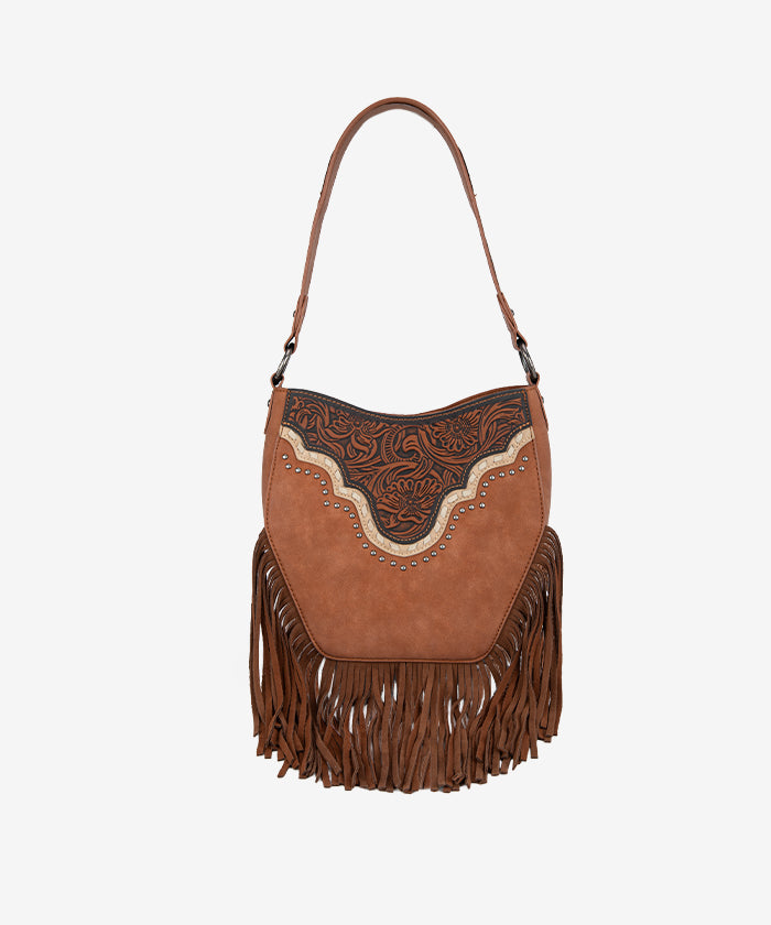 Montana West Floral Tooled Fringe Shoulder Bag Brown