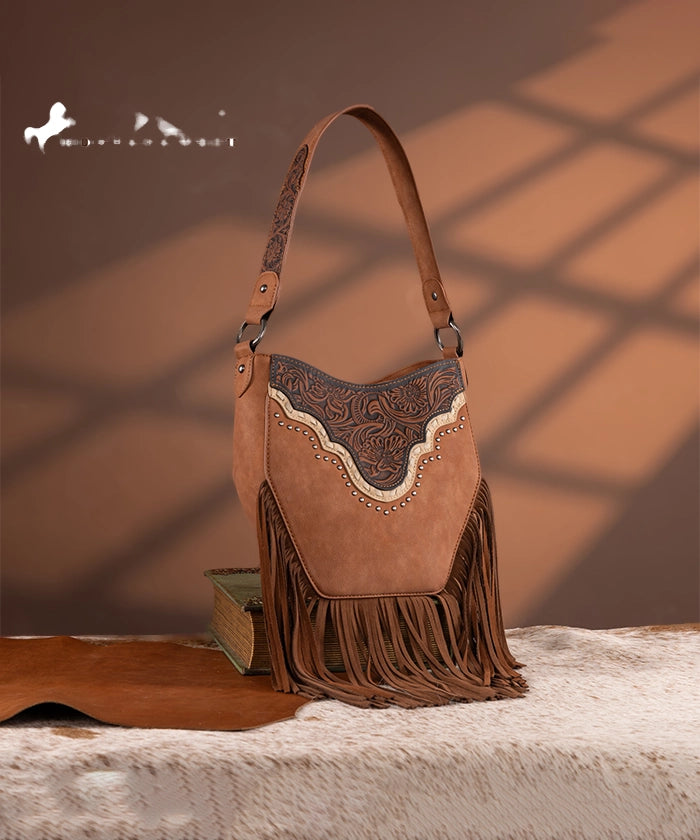 Montana West Floral Tooled Fringe Shoulder Bag Brown