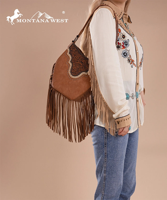 Montana West Floral Tooled Fringe Shoulder Bag Brown