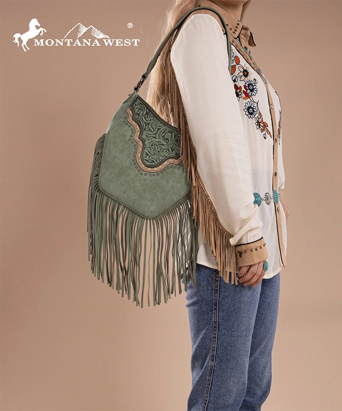 Montana West Floral Tooled Fringe Shoulder Bag Green